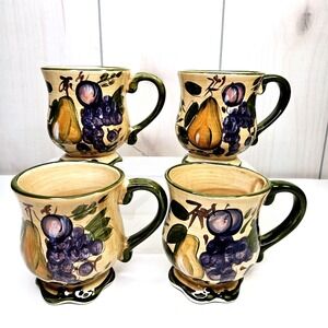 Home Trends Fruit Grapes Pears Stoneware Mugs Set of 4 Farmhouse Kitchen 12oz